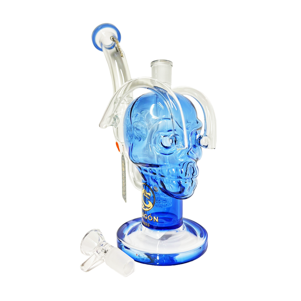 Dragon - Glass Water Pipe - Thick Base Skull Head Design w/Matrix Perc Hand Grip & Bent Neck - 821G - 13IN - Assorted Colors - DGC-177