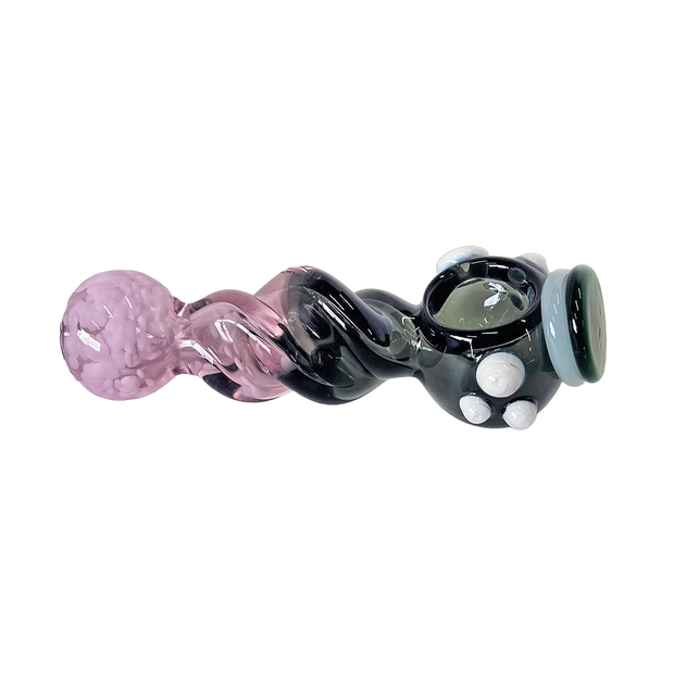 Glass Hand Pipe - Black & Pink Tube Twist Belly Button Head Spoon - 120G - 5IN - Assorted Colors - S202